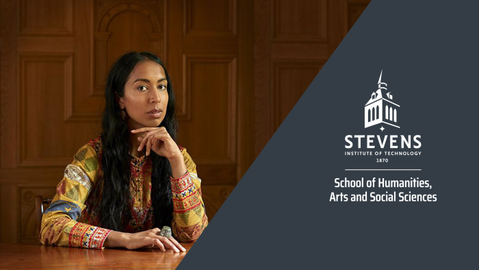 Event banner with Amia Srinivasan shown, and the logo for the Stevens Institute of Technology 1870 School of Humanities, Arts and Social Sciences
