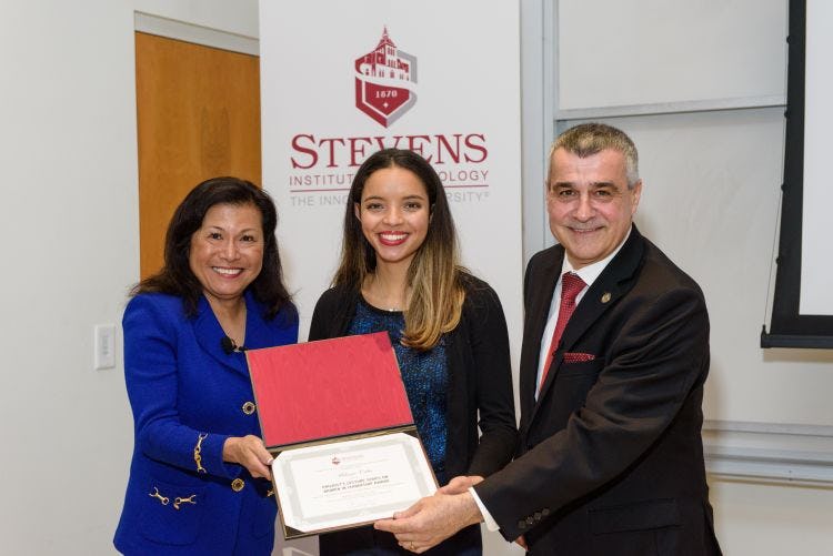 Awards recipient Melanie Caba with Dr. Mariano and Provost Christophe Pierre