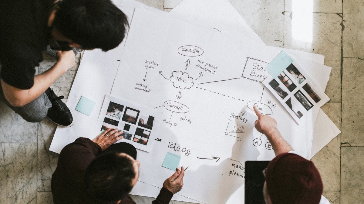 A group of entrepreneurs huddle over a posterboard with doodlings of their project, including notes about ideas, concepts, designs and strategy.