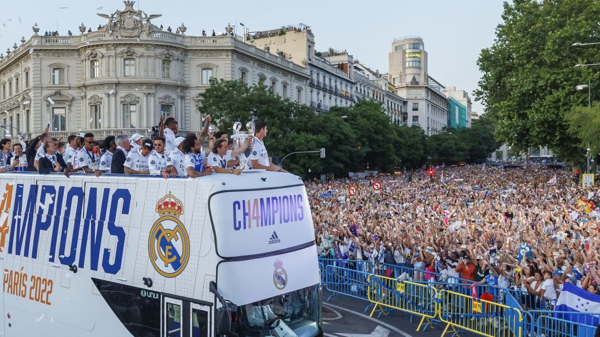 Real Madrid team on bus in city parade