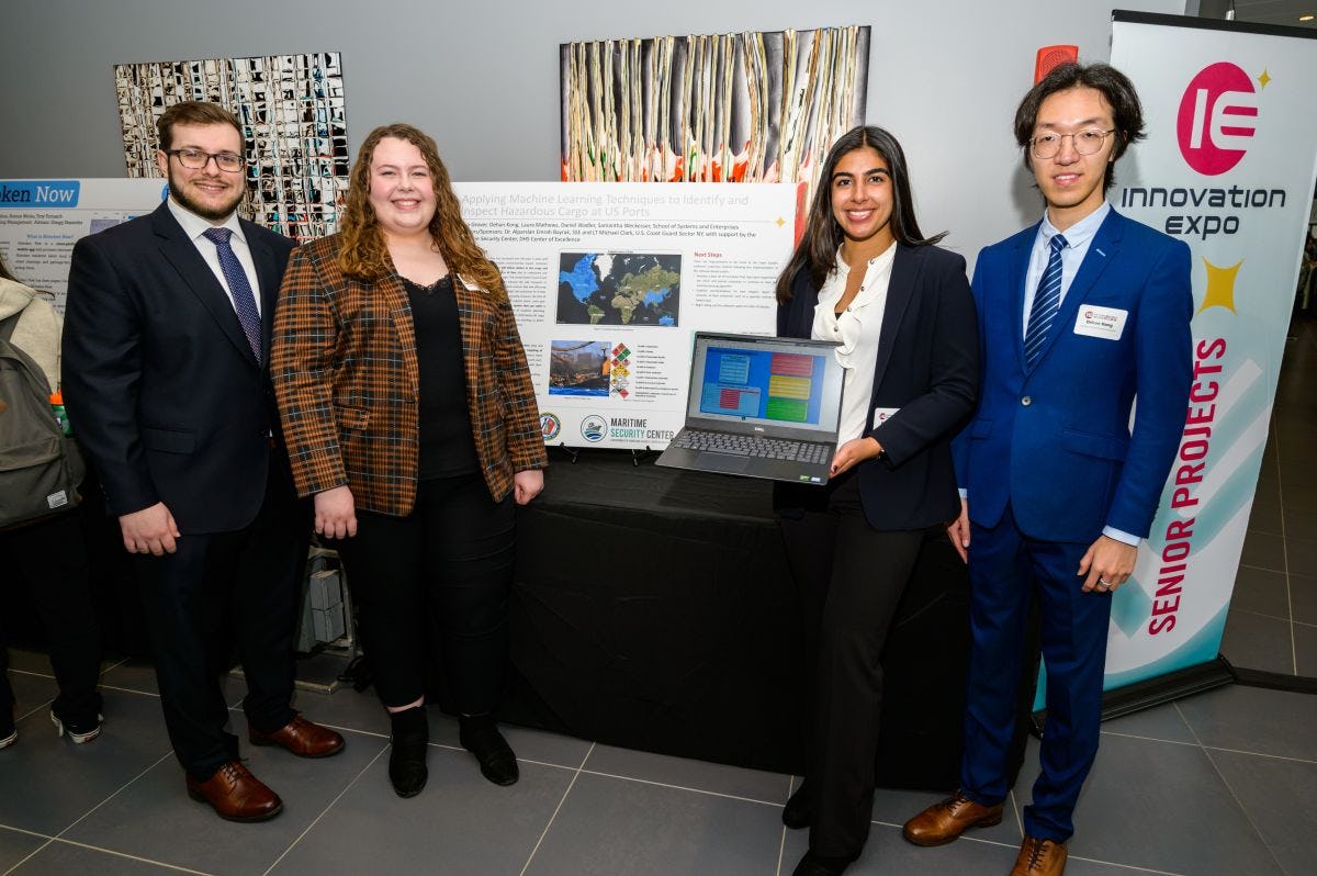 Members of the winning Hazardous Cargo team at the 2023 Innovation Expo. From left to right: Daniel Wadler, Samantha Weckesser, Reva Grover and Dehan Kong.