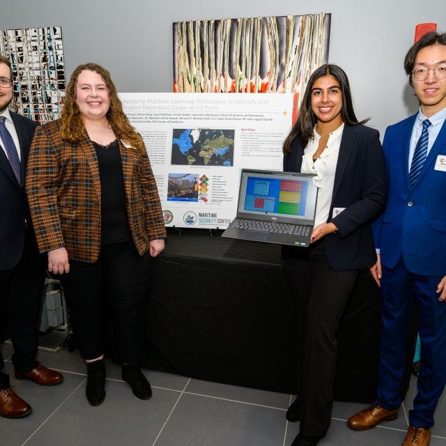 Members of the winning Hazardous Cargo team at the 2023 Innovation Expo. From left to right: Daniel Wadler, Samantha Weckesser, Reva Grover and Dehan Kong.