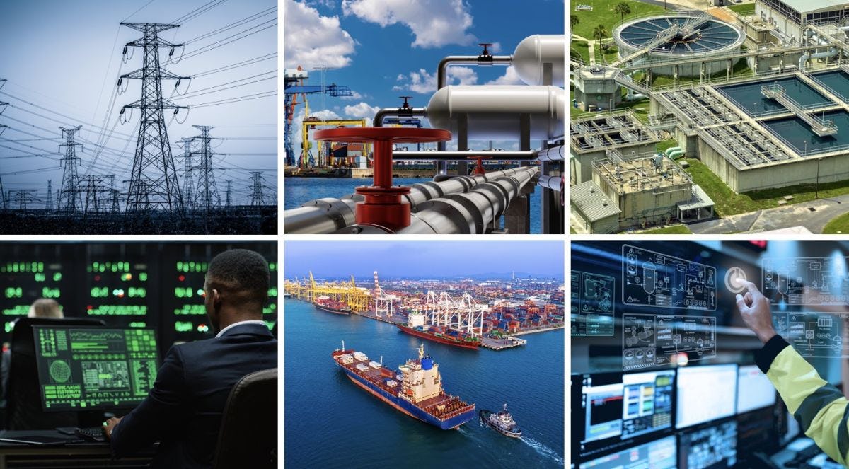 A photo collage of six images displaying power grids, maritime ports and maritime control systems.