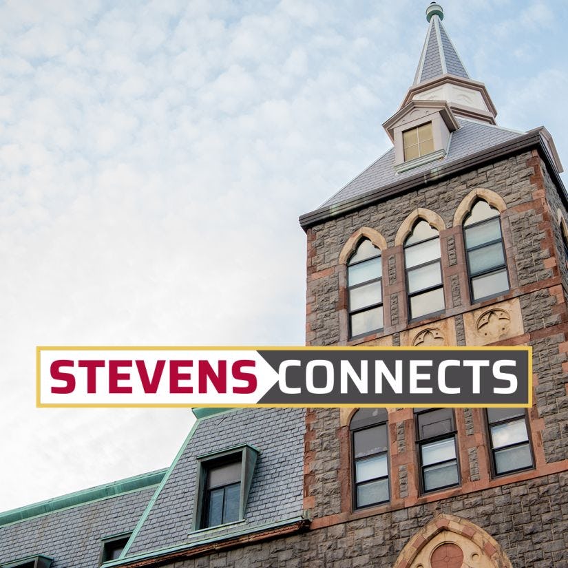 Image of Stevens EAS building with Stevens Connects logo