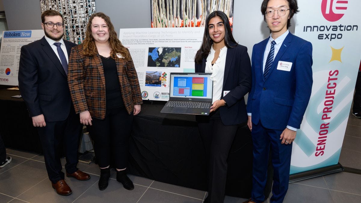 From left to right, Daniel Wadler, Samantha Weckesser, Reva Grover and Dehan Kong during the 2023 Innovation Expo at Stevens.
