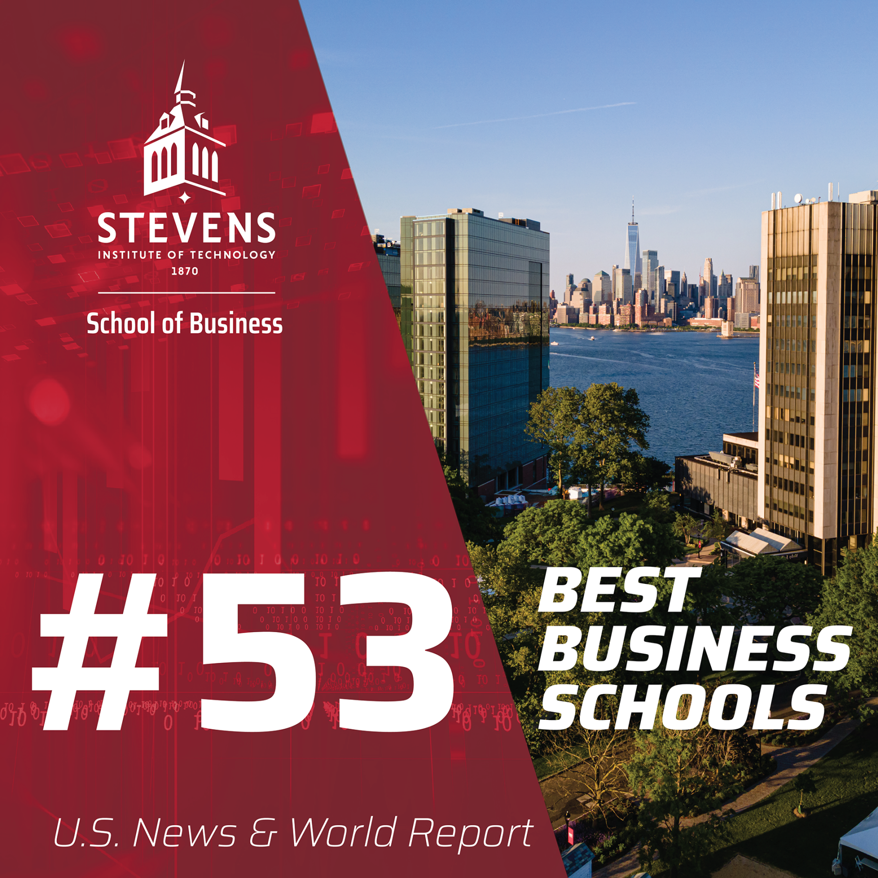 Graphic showcases Stevens with a red overlay and text that reads "#53 Best Business Schools"