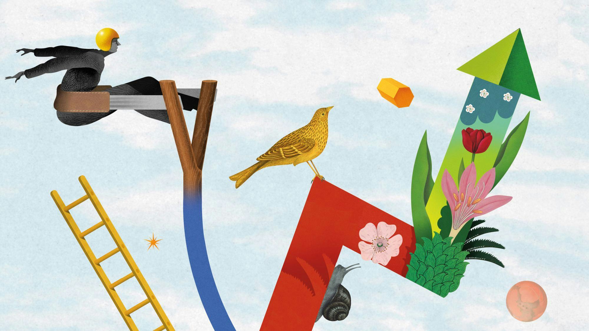 Collage illustration of a person with a helmet in a slingshot and a line chart with flowers and birds