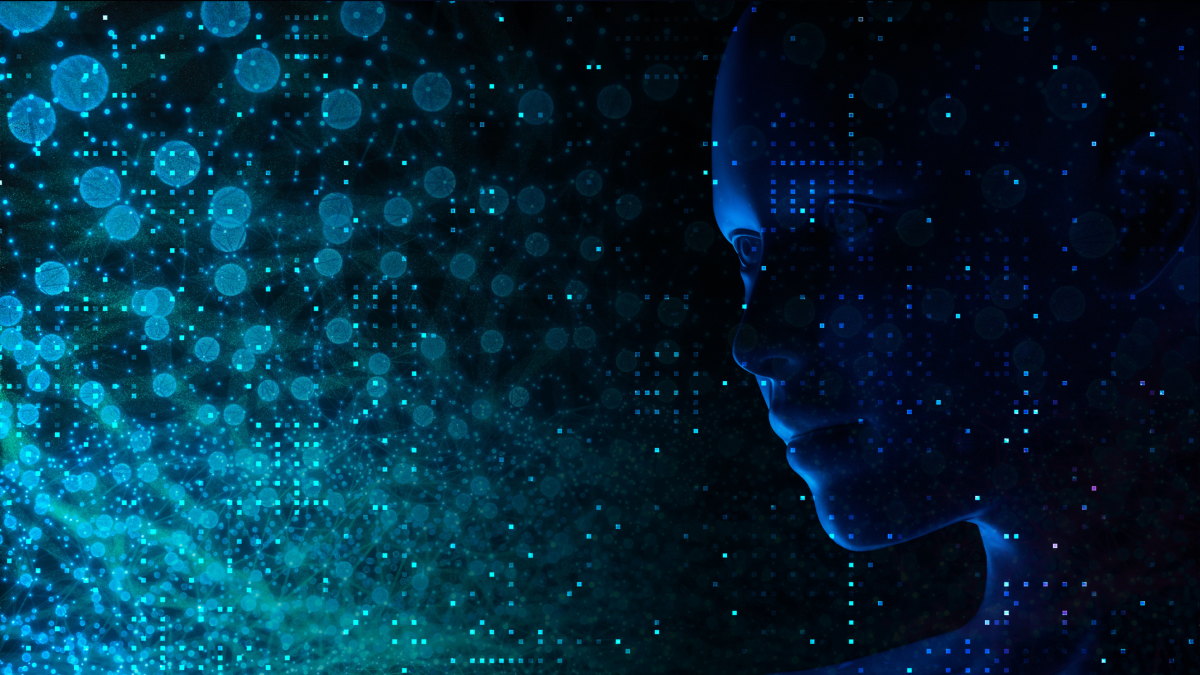 The face of an artificial human on the right, half in shadow, looks toward a neural network with a bokeh effect applied. The whole image is in shades of black, blue, and teal, and overlaid with a scattering of small squares lit at different levels.