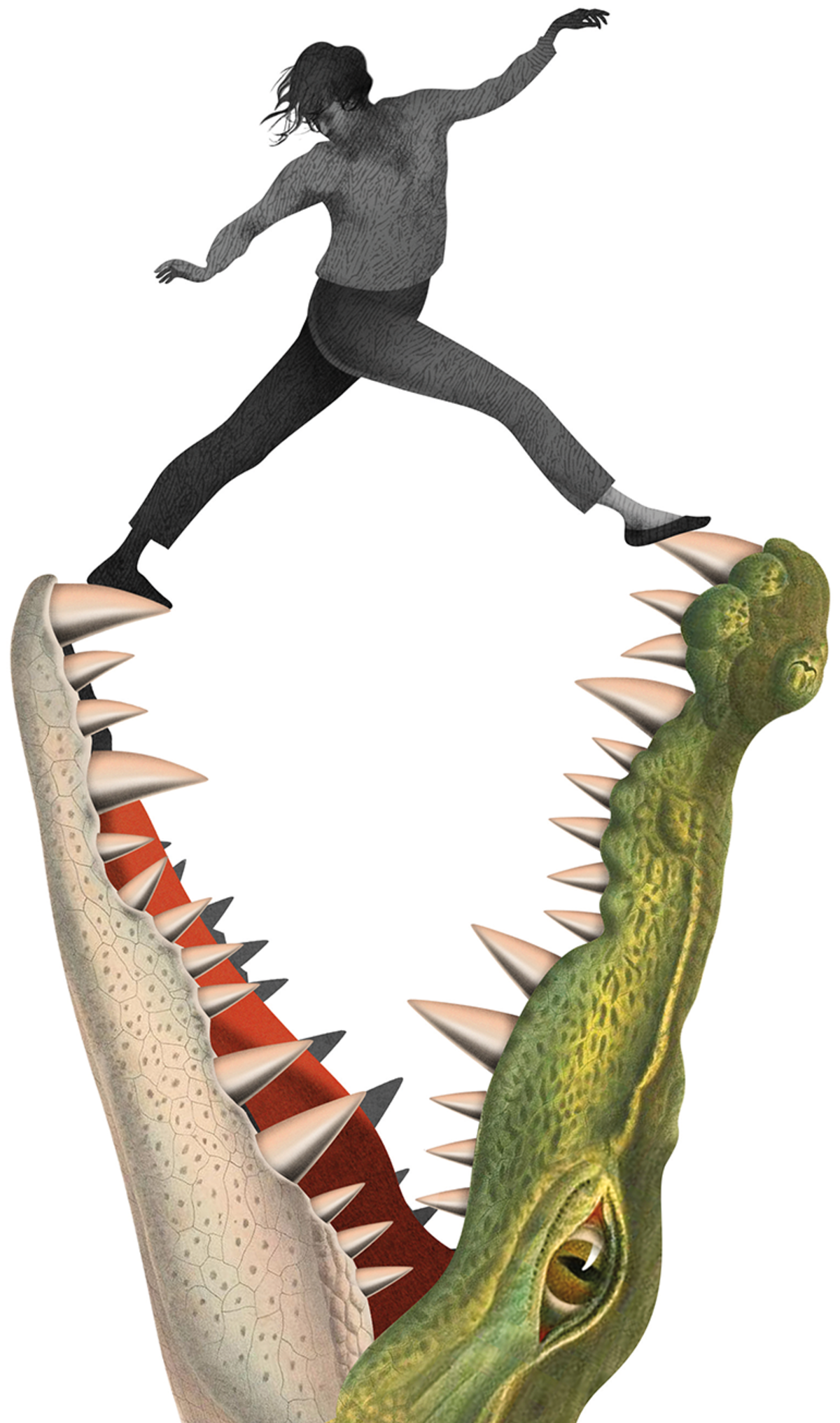 Illustration of a person trying to escape from being eaten by an alligator