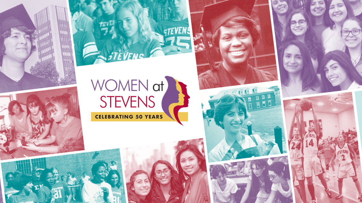 decorative photo collage of women with a logo in the center that says 50 years of women at Stevens