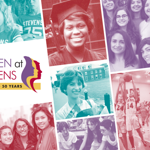 decorative photo collage of women with a logo in the center that says 50 years of women at Stevens