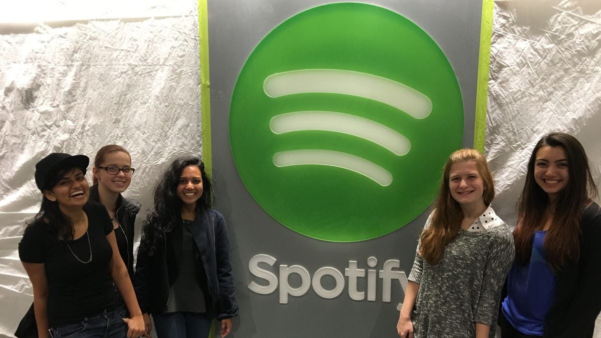 SWiCS members Roma Shah, Weronika Zamlynny, Monica Razak, Zoe Millard, Ayse Akin at the Spotify office in New York City during a technology networking event.