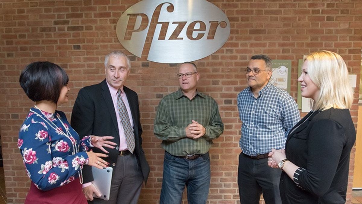 Pfizer employees and Stevens faculty discussing an assignment at Pfizer's Peapack offices.