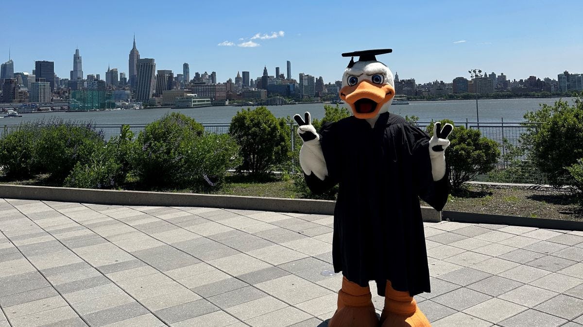 Attila dressed in commencement regalia posing on the Babbio Patio with the Midtown Manhattan skyline in the background.