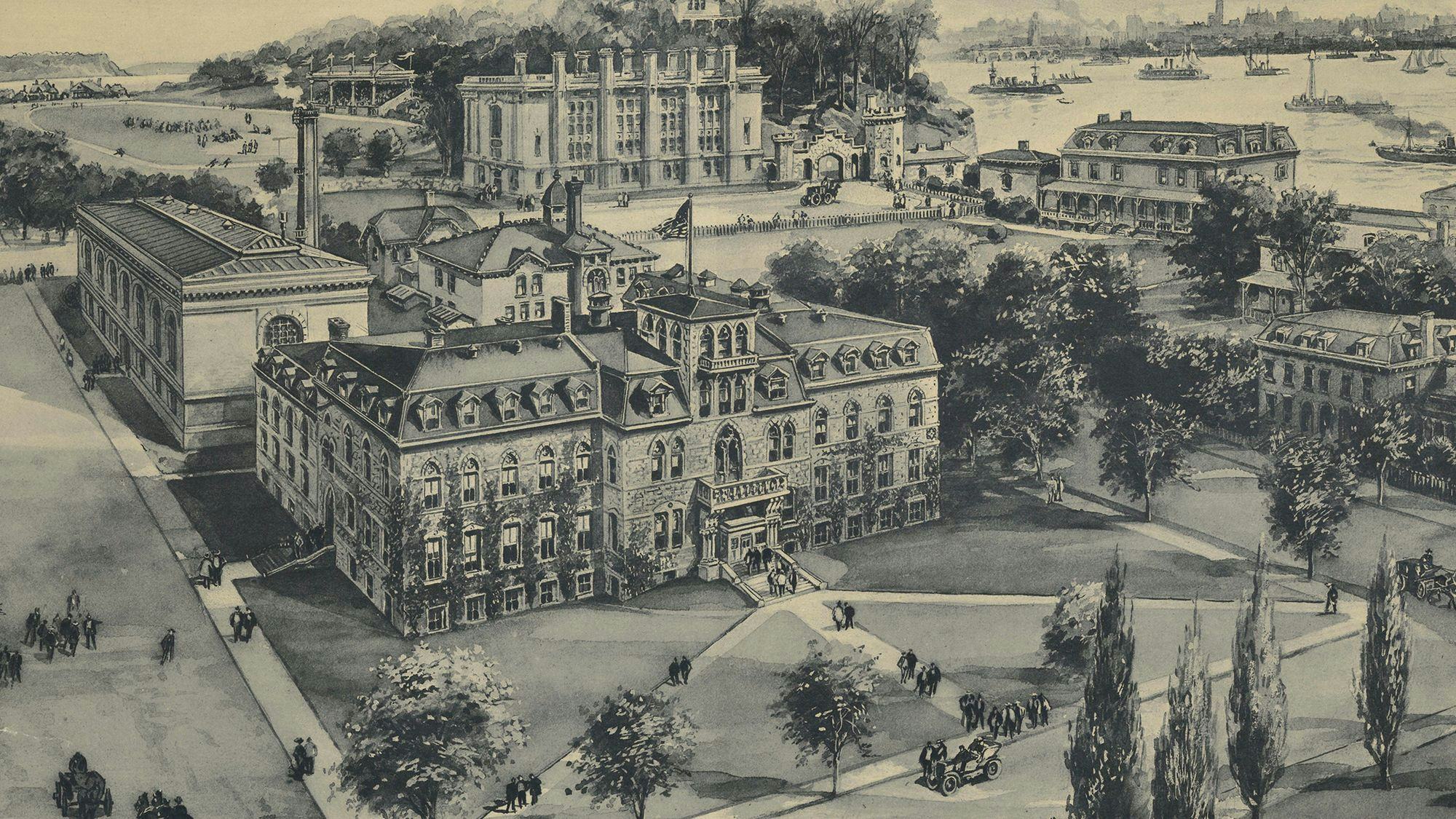 Aged engraving of Stevens EAS building circa 1906