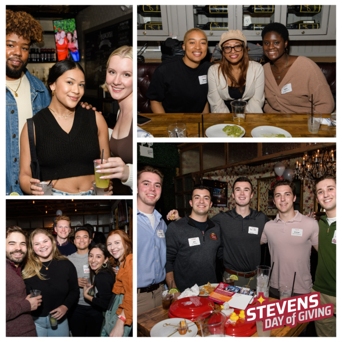 Young alumni gather together in four different photos to represent the Stevens Day of Giving Happy Hour Celebration
