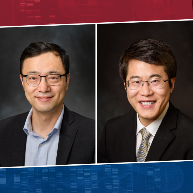 Headshots of Kaijian Liu and Yi Bao against a red and blue background