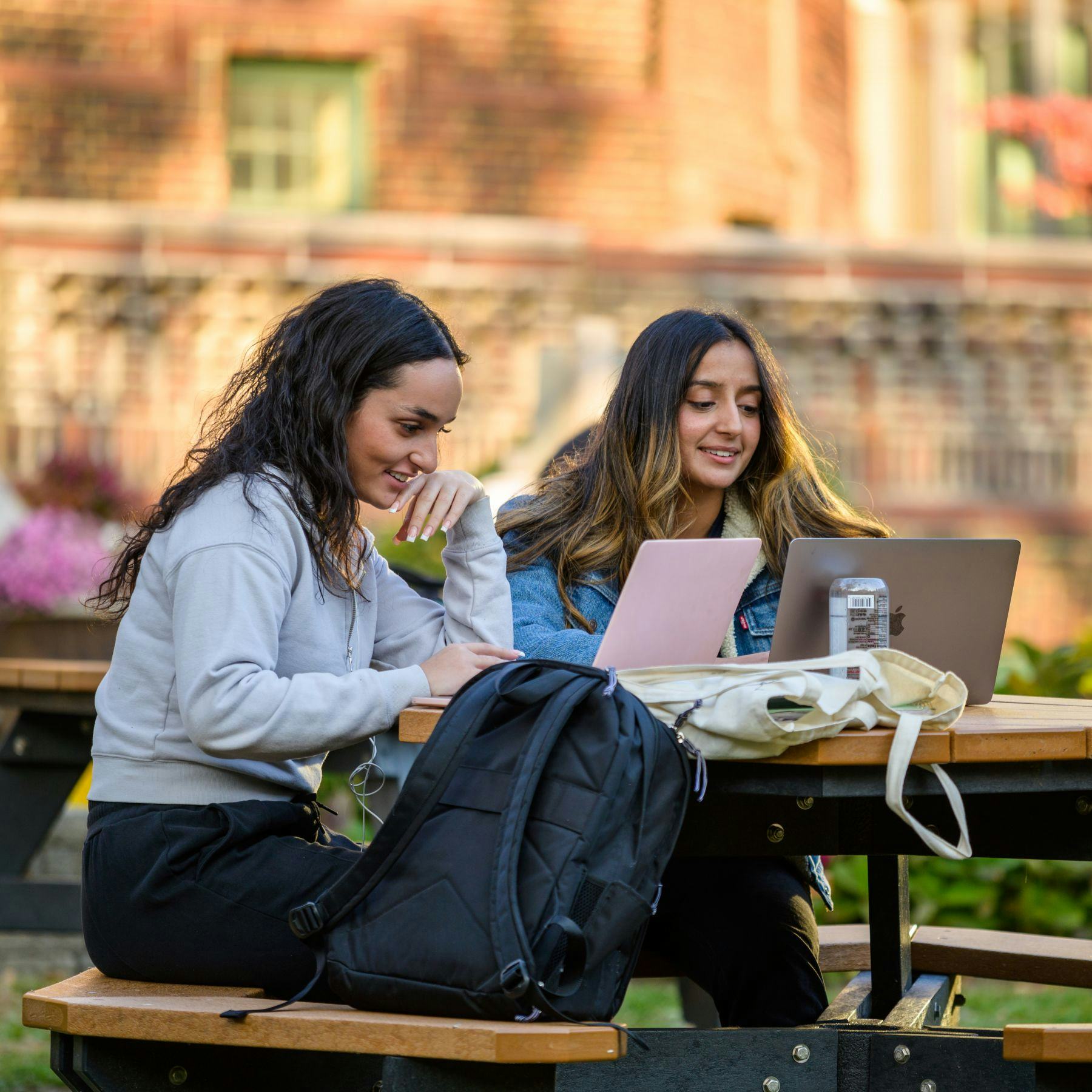 Two female students working on laptops at a table on the Stevens campus.