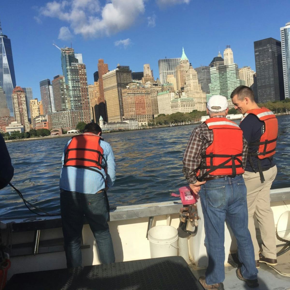 Maritime Security Center team working next to the Hudson River overlooking New York City's skyline