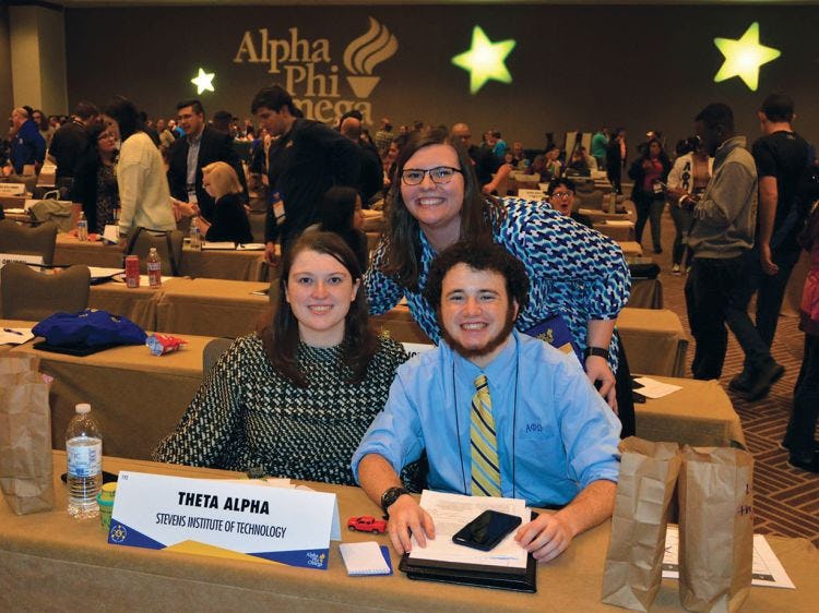 Then-undergraduates Maggie Guilfoyle ’20, Luke Langner ’20 M. Eng. ’21 and Katie Brown ’17 M.Eng. ’18 at the 2018 Alpha Phi Omega National Convention.