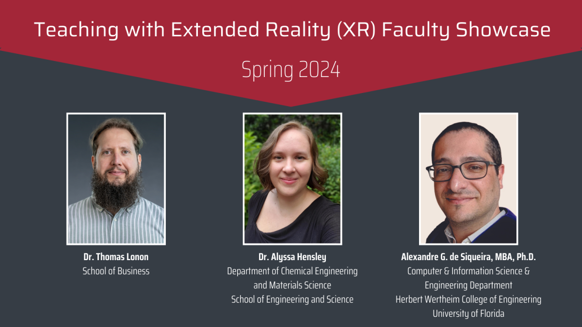 XR Faculty Showcase 2024 Presenters Dr. Thomas Lonon, Dr. Alyssa Hensley, and Dr. Alexandre G. de Siqueira