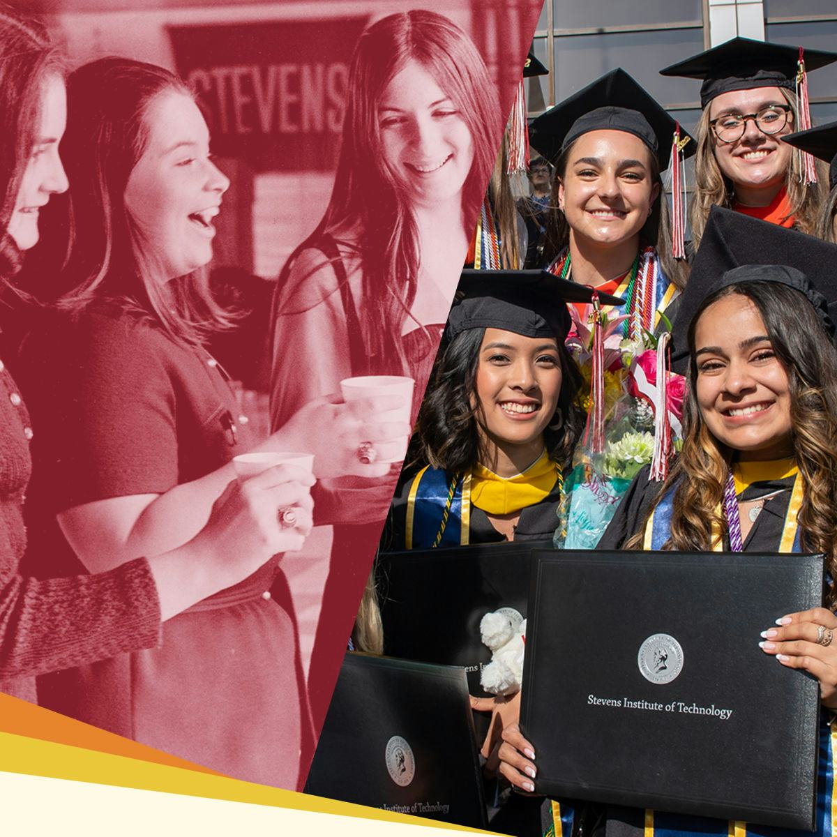 A composite of two photos of women at Stevens, one historical and one of the Class of 2022 at Commencement.