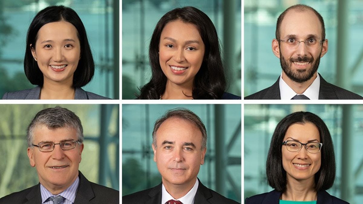 Headshots of the Stevens business faculty who started in fall 2019. New York City is in the background.