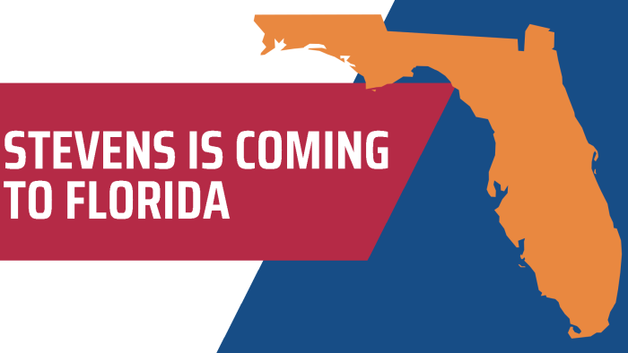 Orange graphic of the state of Florida with the text, "Stevens is coming to Florida"