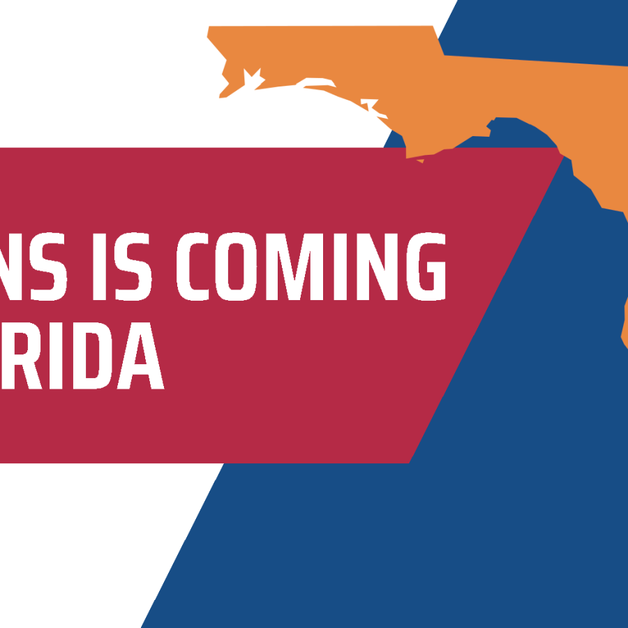 Orange graphic of the state of Florida with the text, "Stevens is coming to Florida"