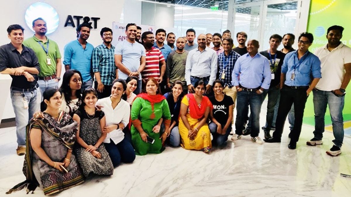 A group of AT&T employees and interns at the company's Hyderabad office.