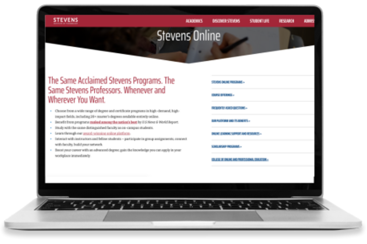An open laptop with the Stevens Online landing page on the screen