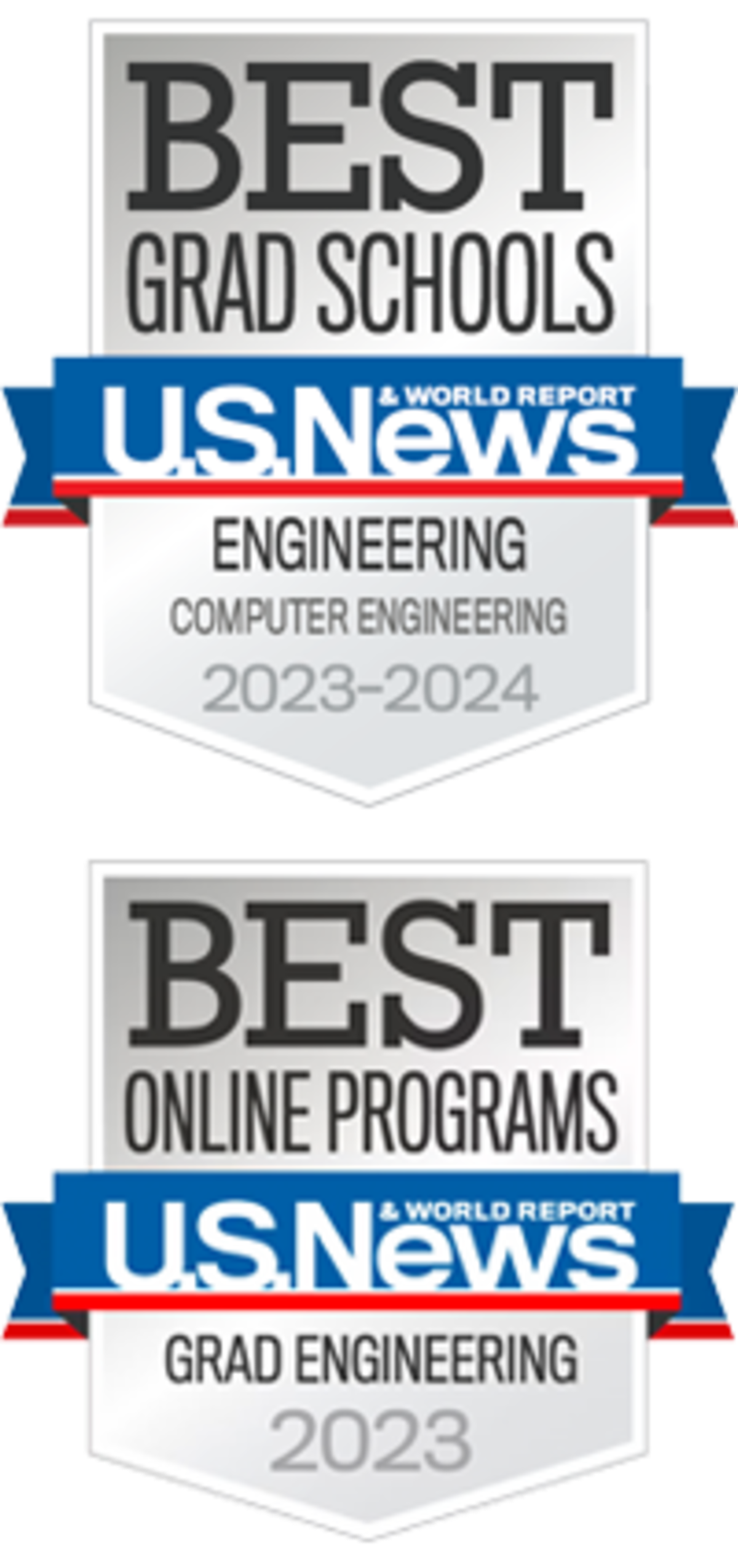 USNWR 2023 Best Online Grad Engineering + 2023-24 Best Grad Schools Computer Engineering Badges