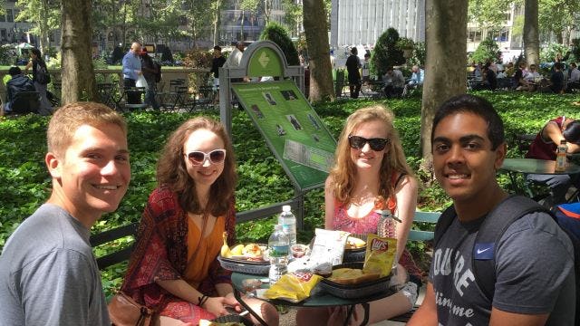 Group of students at Pre-Orientation in NYC while eating lunch
