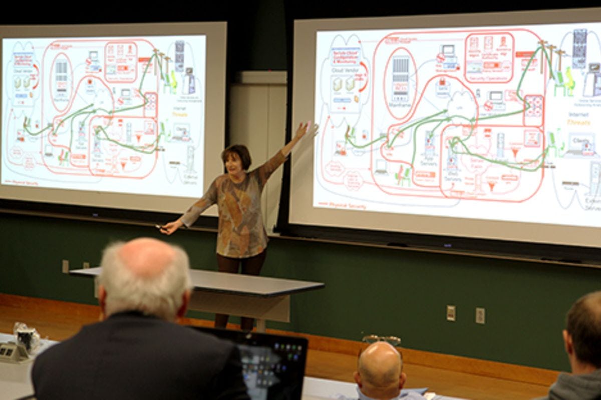 Jennifer Bayuk pointing to a graphic depicting the history of system security.