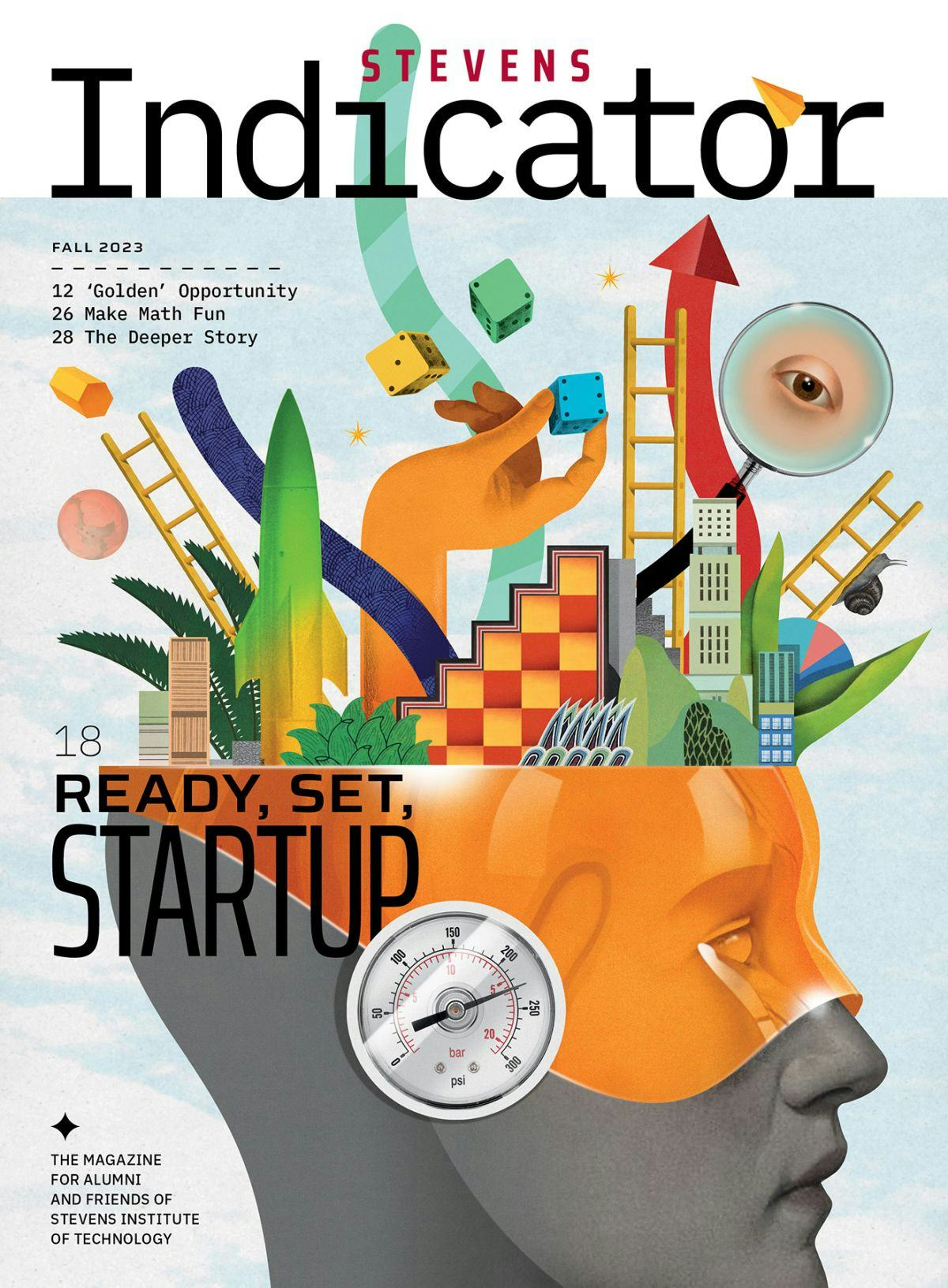Cover of the Stevens indicator, showing a collage and the words "Ready, Set, Startup"