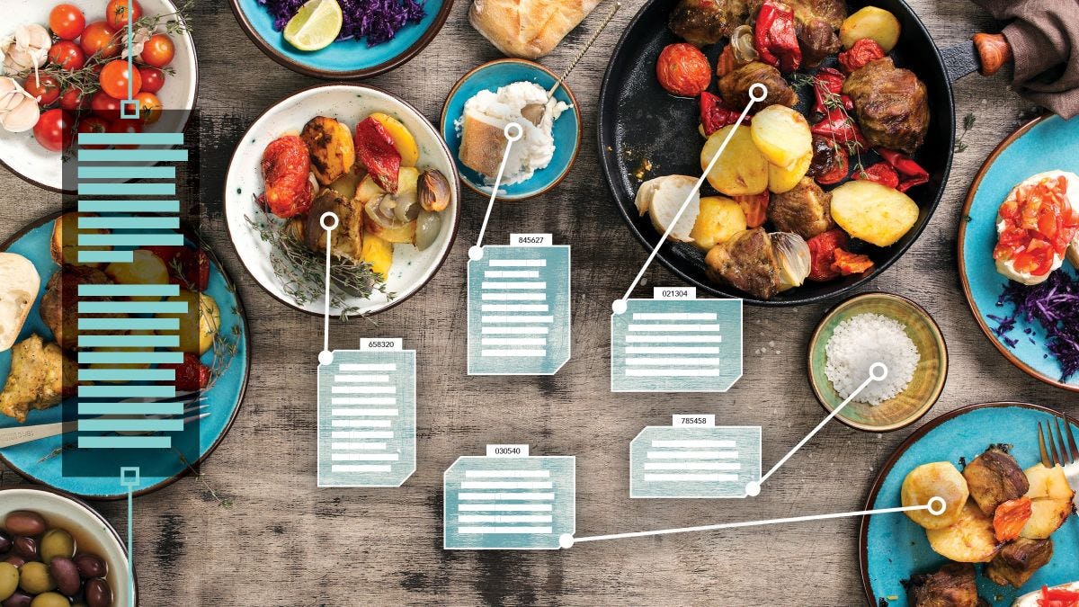 A table with several dishes of food with data about each dish