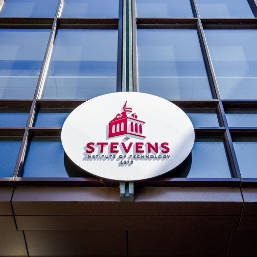 Stevens logo as it appears on a the Gateway Building in 2023.