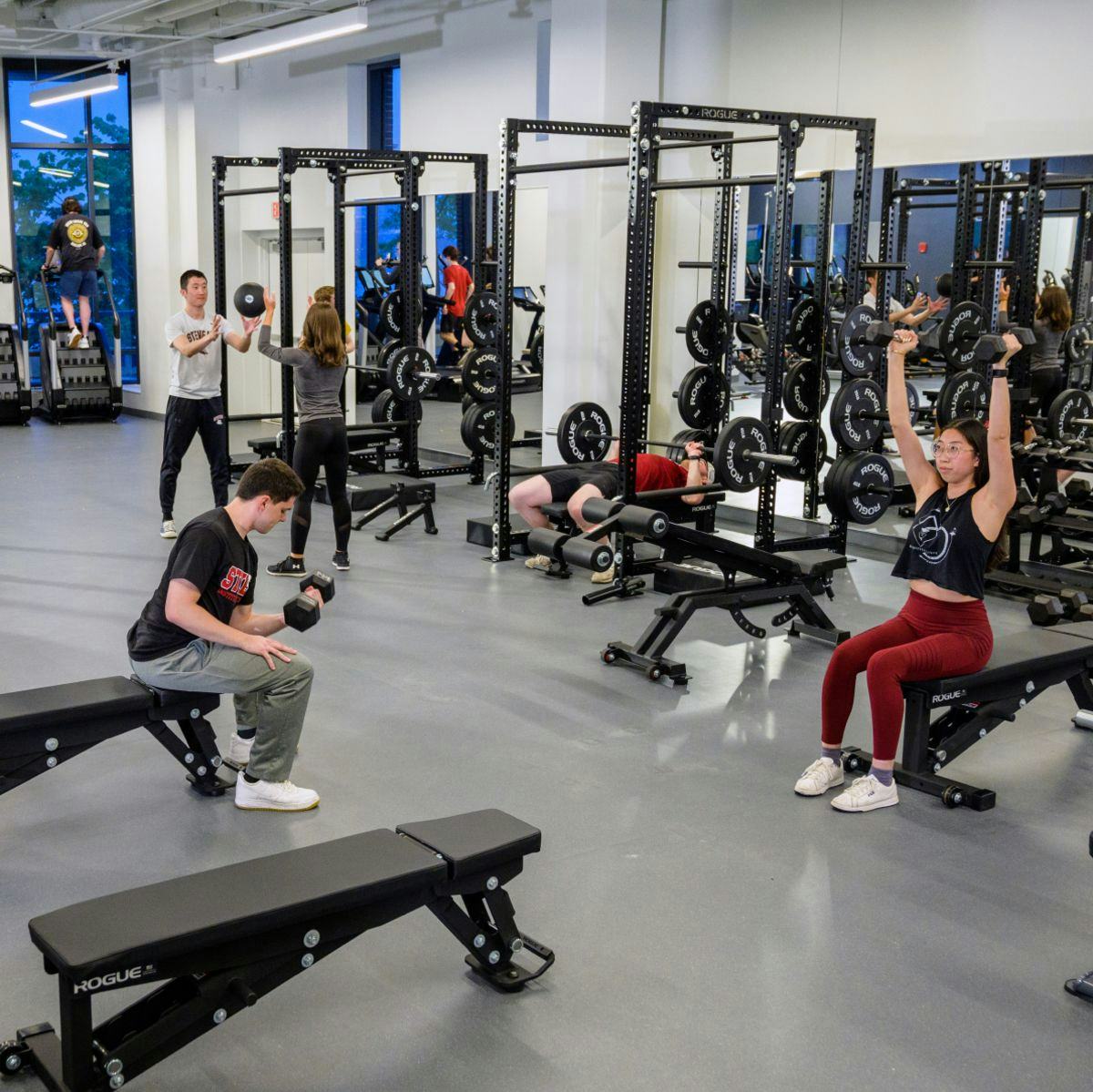 Students lift weights in the fitness room.