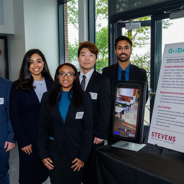 The Software Engineering GuiDAR team at the 2023 Innovation Expo. From left to right: Tyler Seliber, Francesca Severino, Nylayah Jones, Hyeonu Ju and Mehrab Syed.