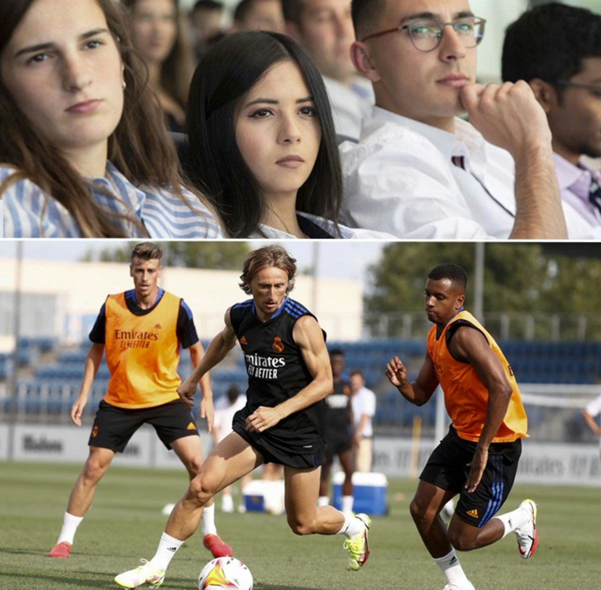 diptych of soccer players and audience members at a stadium