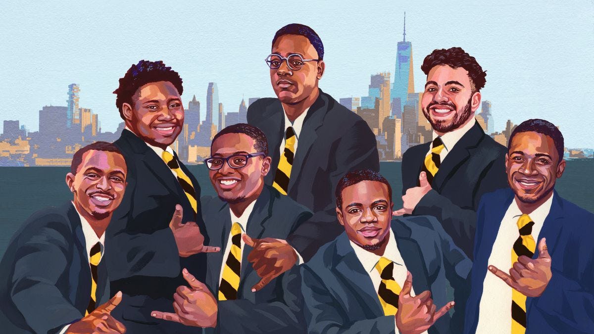 Illustration of the seven members of Alpha Phi Alpha fraternity wearing suits in front of the Manhattan skyline.