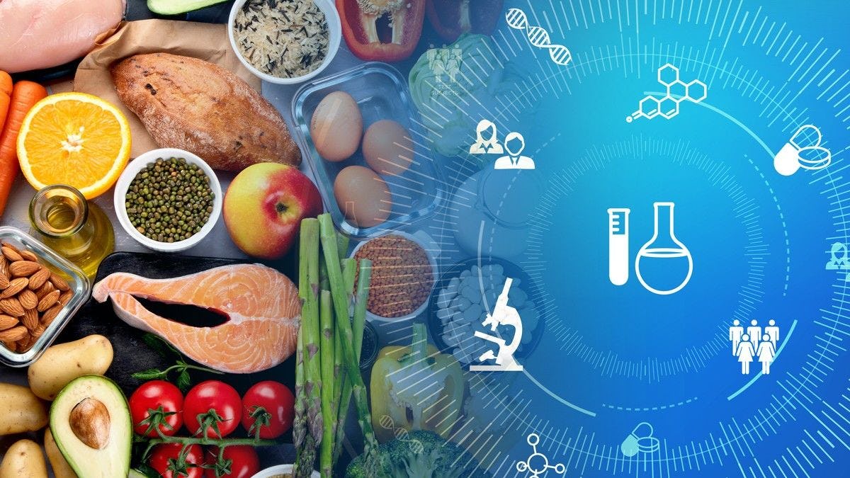 Different foods with science images that measure health and nutrition