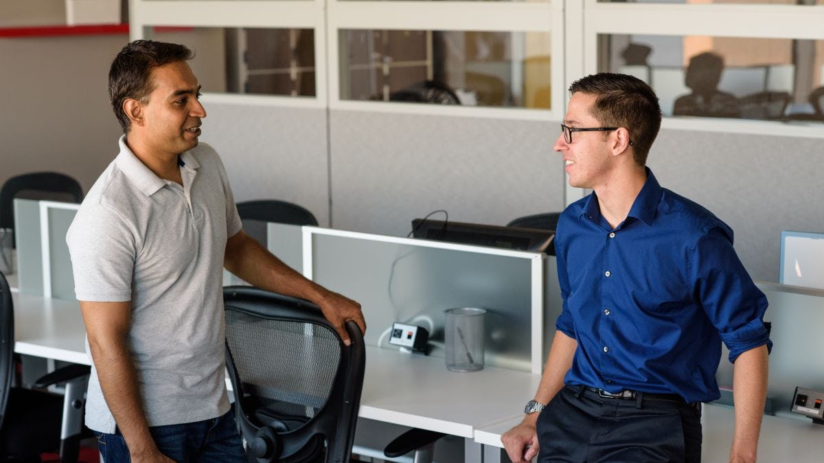 Kevin Barresi, FinTech Studios CTO (right), in the Stevens Venture Center with SVC Fellow and Assistant Professor Mukund Iyengar