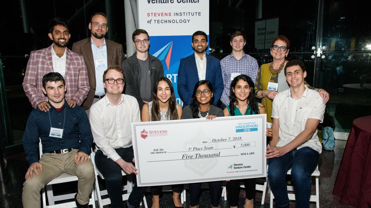 Top prize-winners at the Stevens Venture Center's HealthTech Hackathon, with event organizers