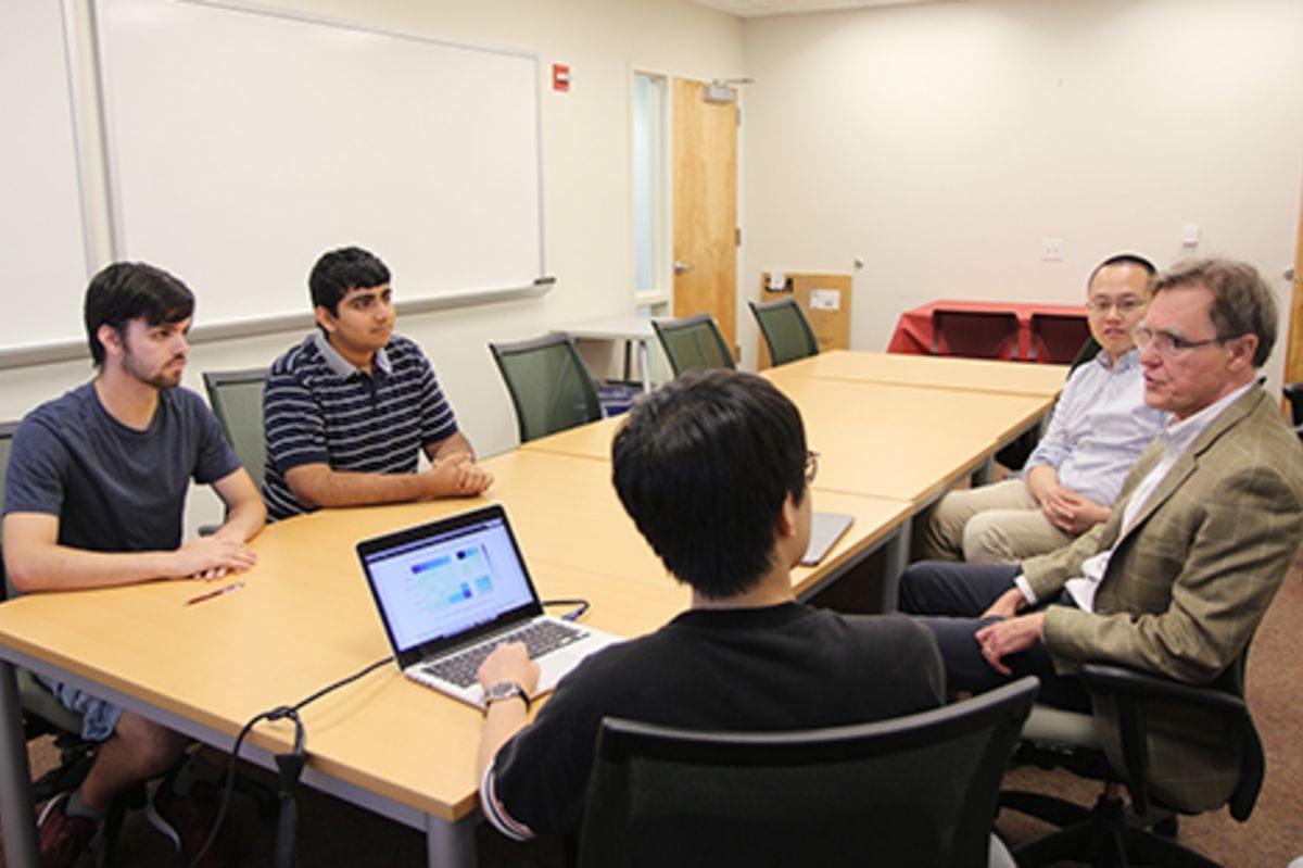 Dr. Jeffrey Nickerson, Dr. Feng Mai, Ph.D. candidate Nico Zheng, and undergraduate students Chris Albano and Neev Vora in the weekly Wikipedia research team meeting.