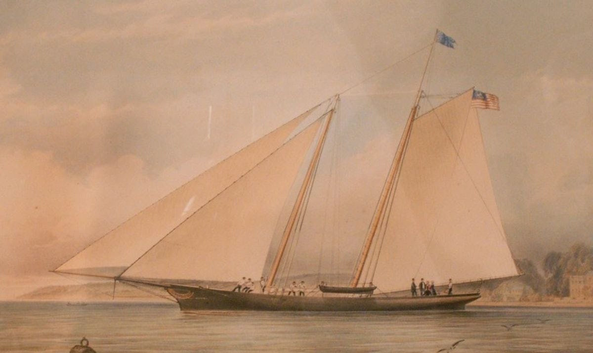 A drawing of the Stevens brothers' yacht called America that was used to win against the Royal Yacht Squadron in a race