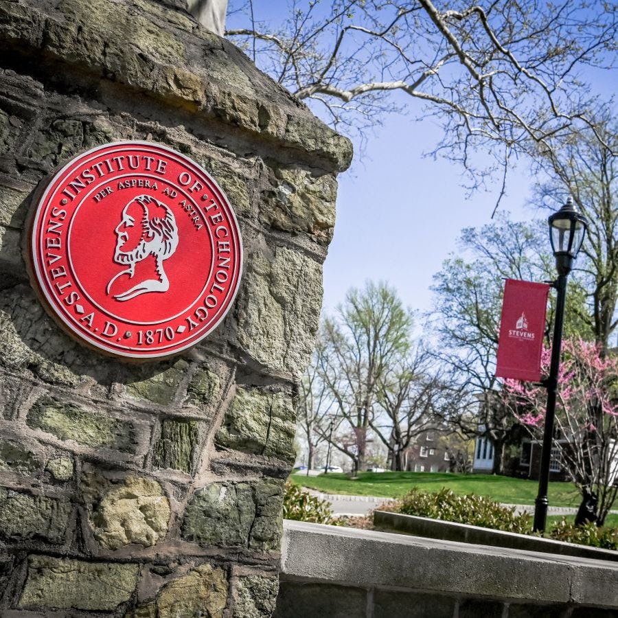 Presidential seal on the entrance to Stevens campus