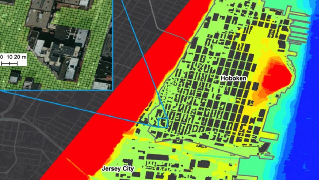 Stevens flood prediction map of Hoboken and Jersey City in bright colors