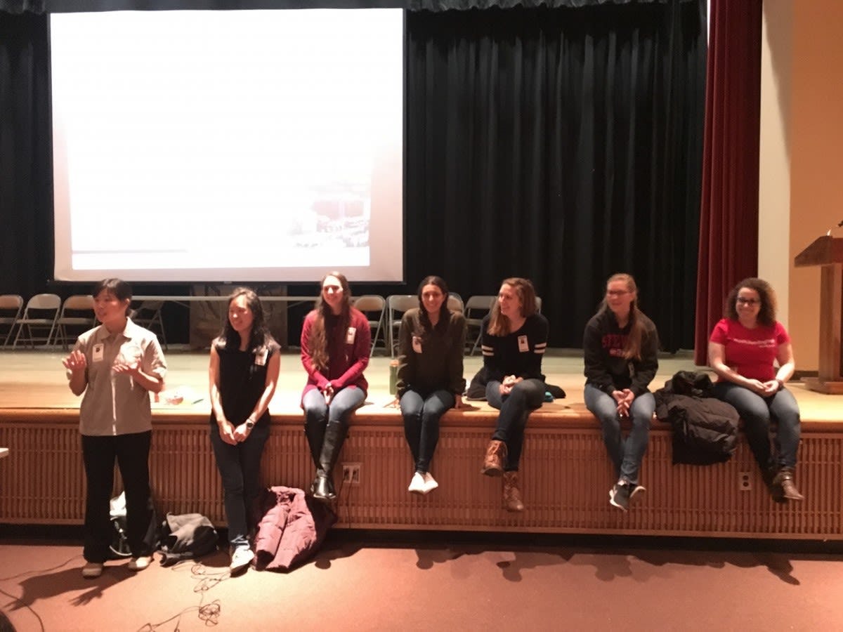 From left to right: Stevens professors Maxine Fontaine and Stephanie Lee with students Carly LaGrotta, Jovanna Manzari, Cassie Nicholas, Sara Poor and Gianna Ortiz