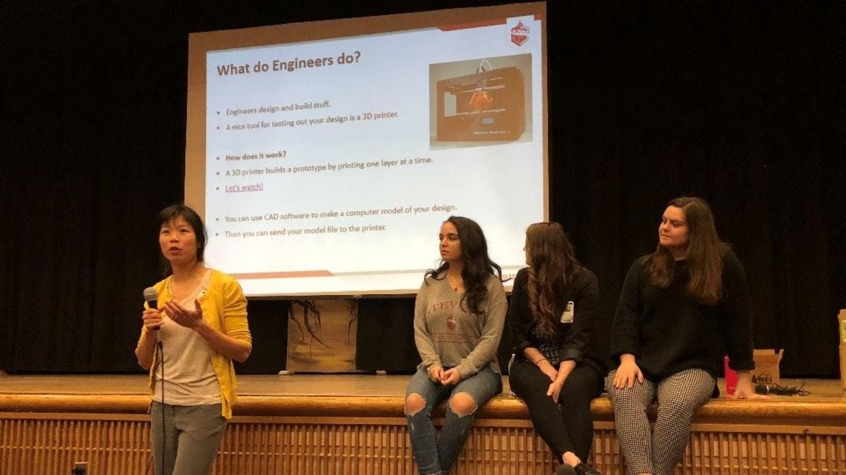 THINKING LIKE AN ENGINEER: "STEM education prepares you to be creative and resourceful in so many different fields," said Jen Field (second from right). (from left) Stevens professor Maxine Fontaine, and students MariaCristina Todaro and Emily Kovelsky.